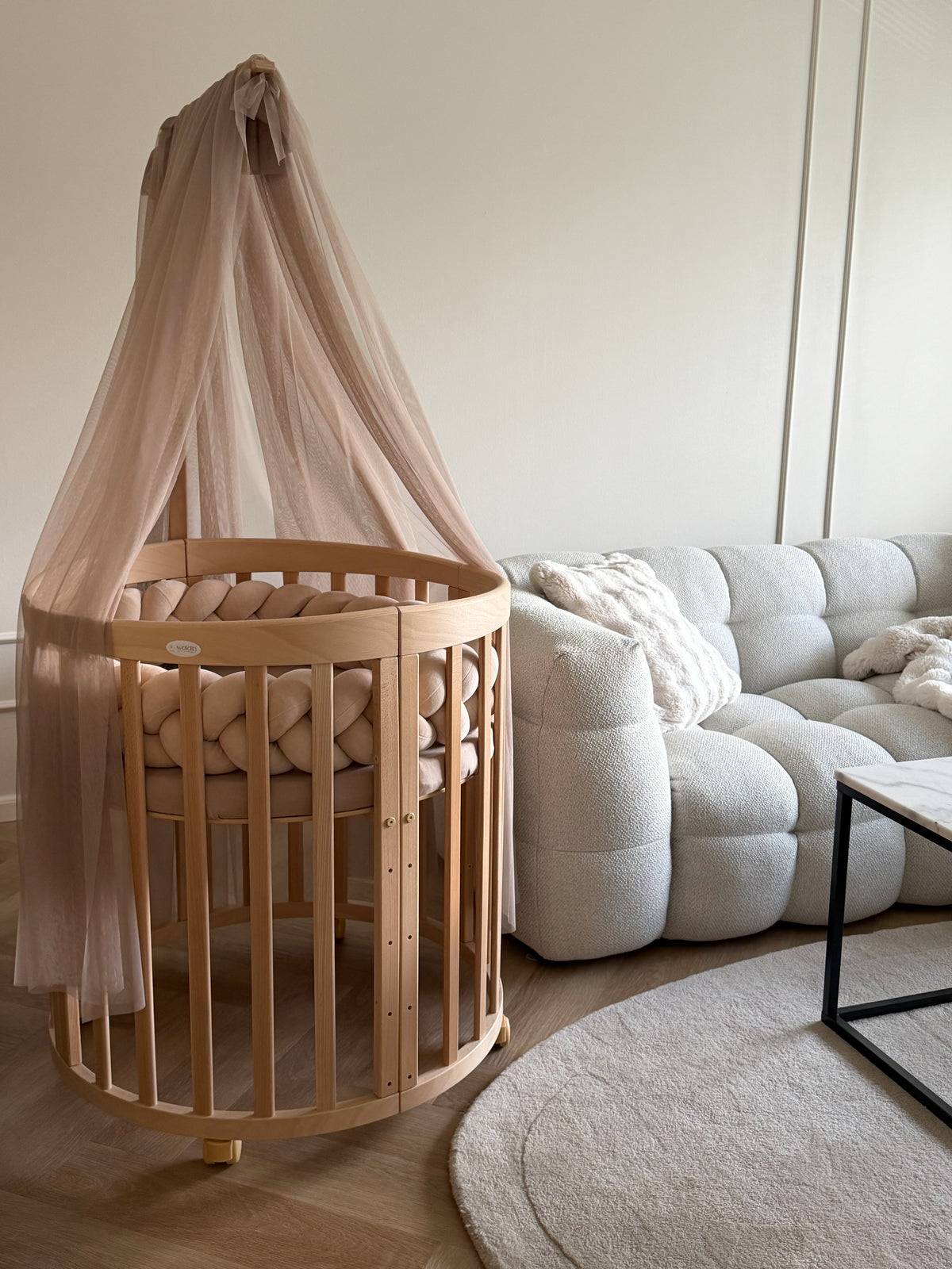 Waldin, Oval Cot 7in1 + Mattress, Natural Wood