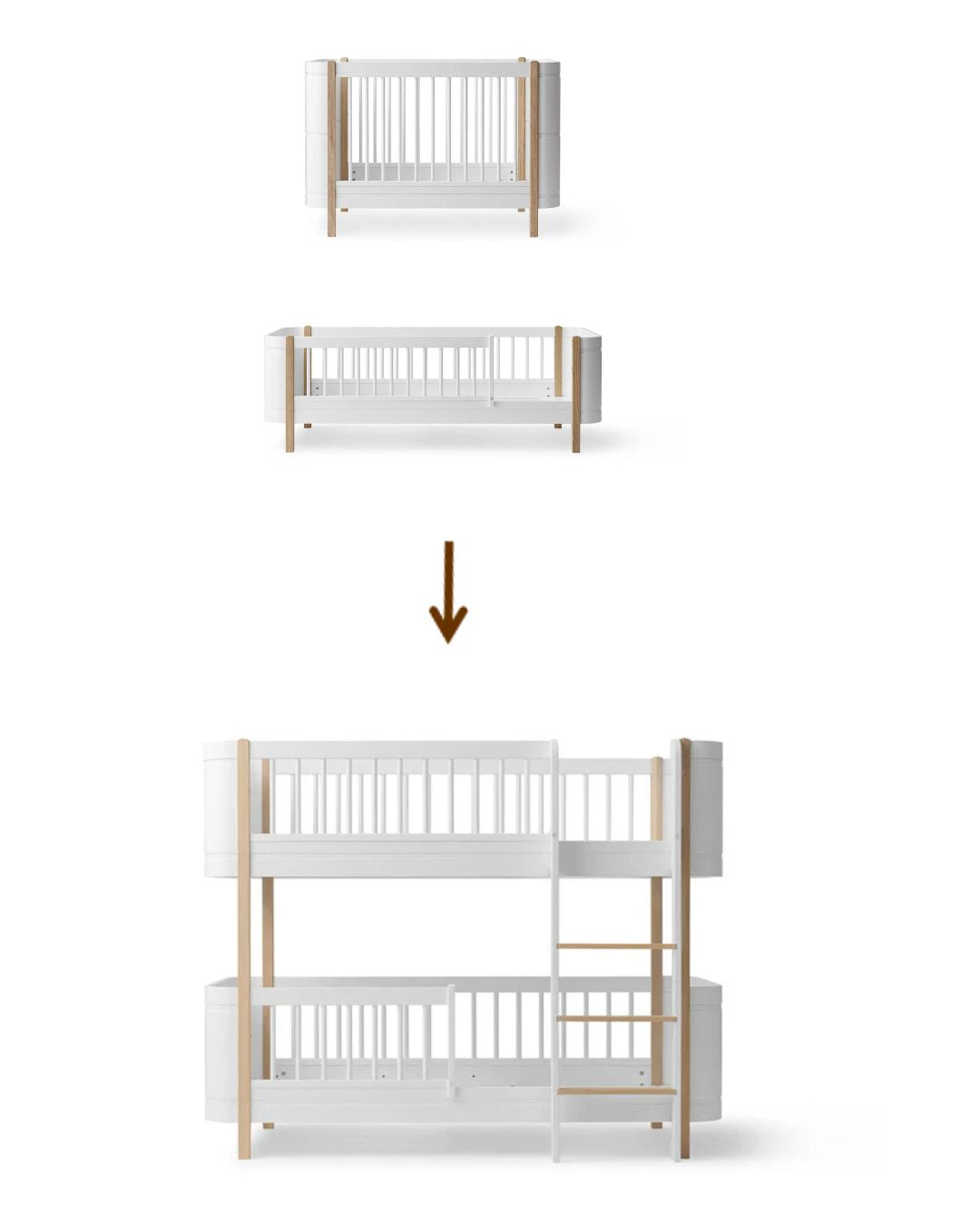 Oliver Furniture, Muunnossarja, Wood Mini+ pinnasänky ja juniorisänky 70x160cm Kerrossängyksi