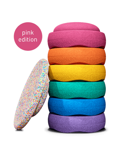 Stapelstein Rainbow 6 kpl Setti + Balance Board, Super Confetti Classic/PINK EDITION
